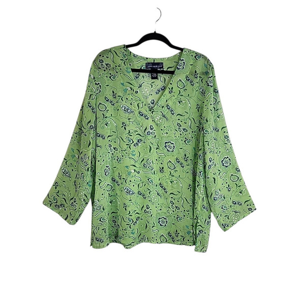 Susan Graver Style Sheer Floral V-Neck Blouse 1X Lime Green Blue Glitter Tunic - Picture 1 of 13